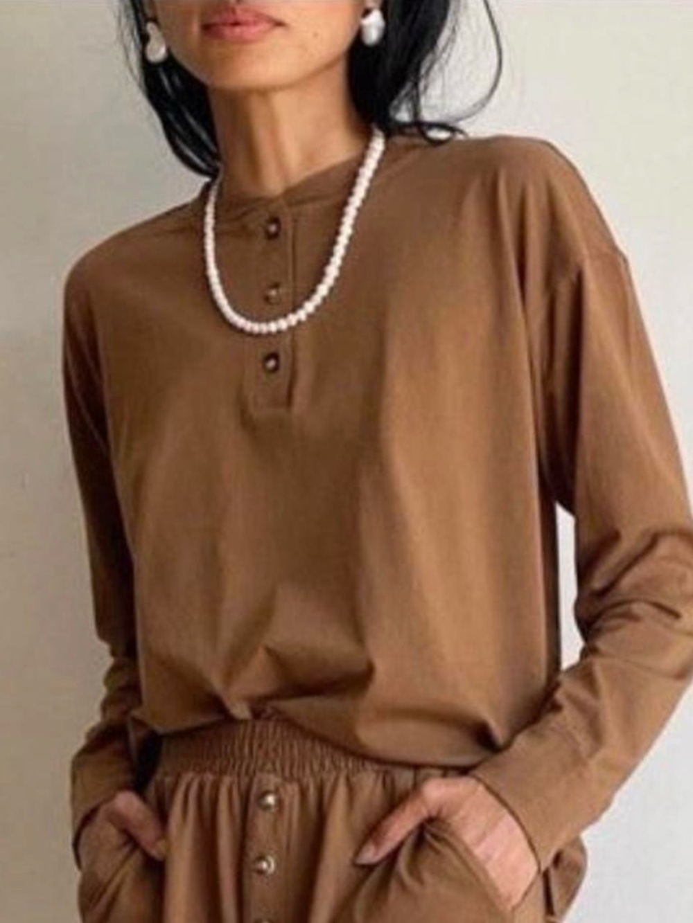 DONNI. 100% cotton Women's Chocolate Brown Long-Sleeve Henley Tee shirt Top NEW